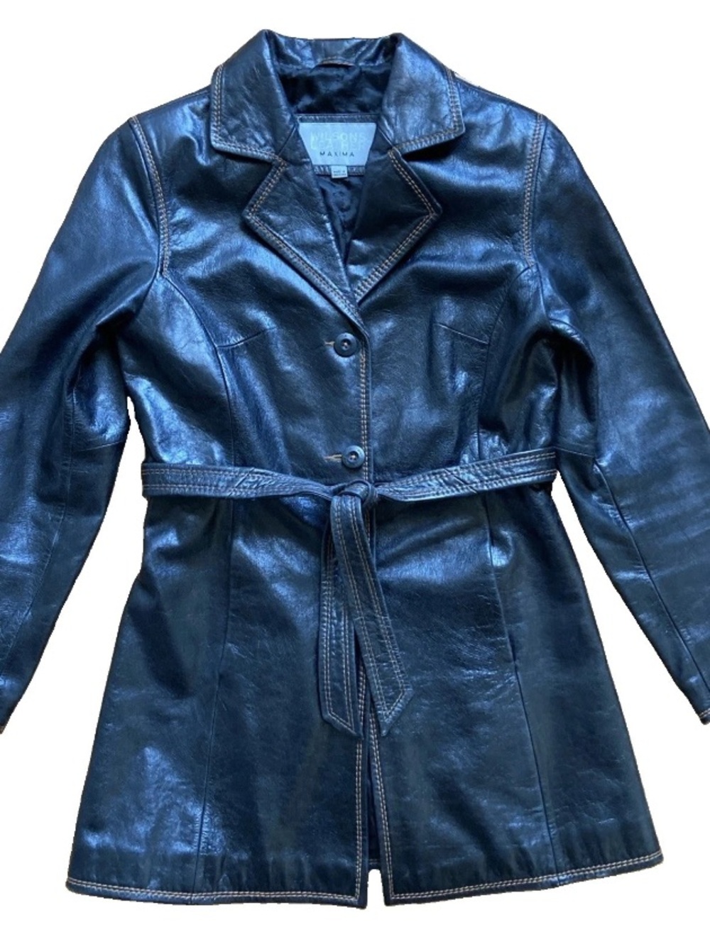 Wilsons Leather Maxima Black Leather Belted Jacket Women’s M Contrast Stitching